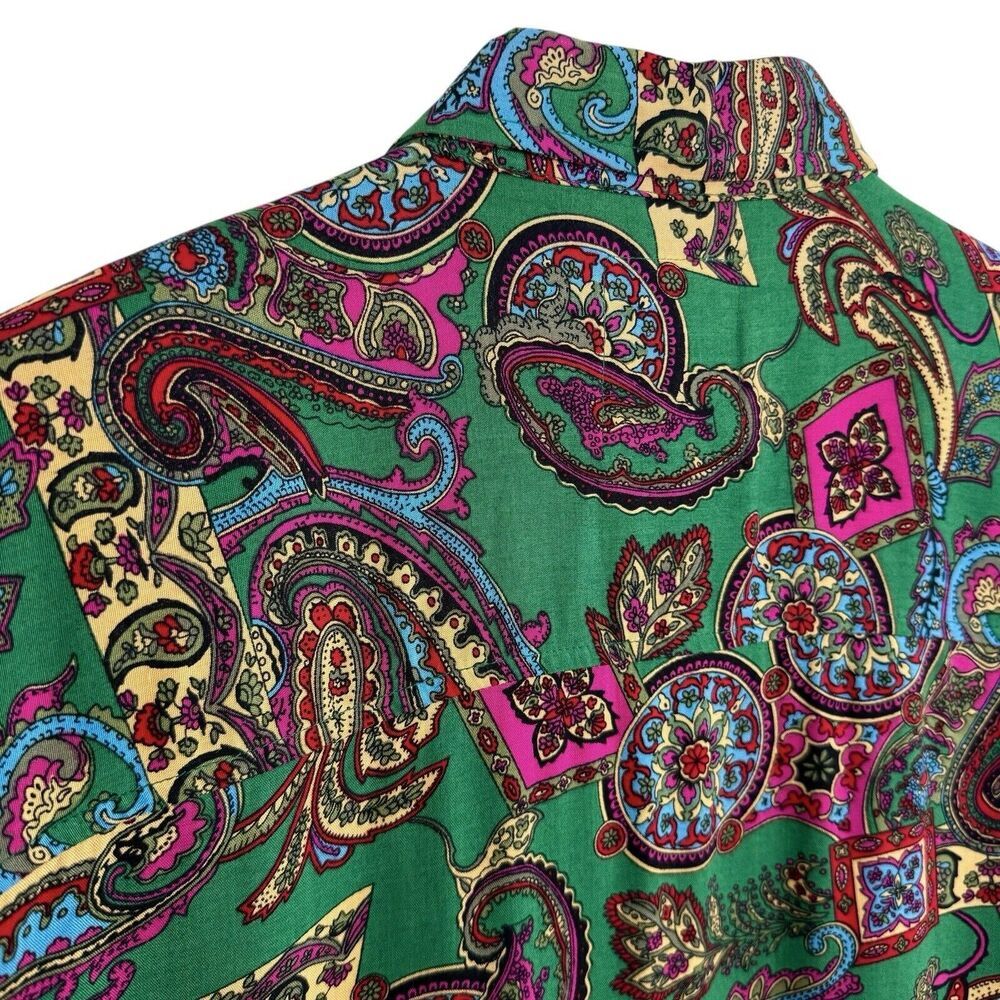 Vintage Paisley Button Down Shirt Women S Kelly Green Artsy Colorful Old Money - Picture 5 of 13